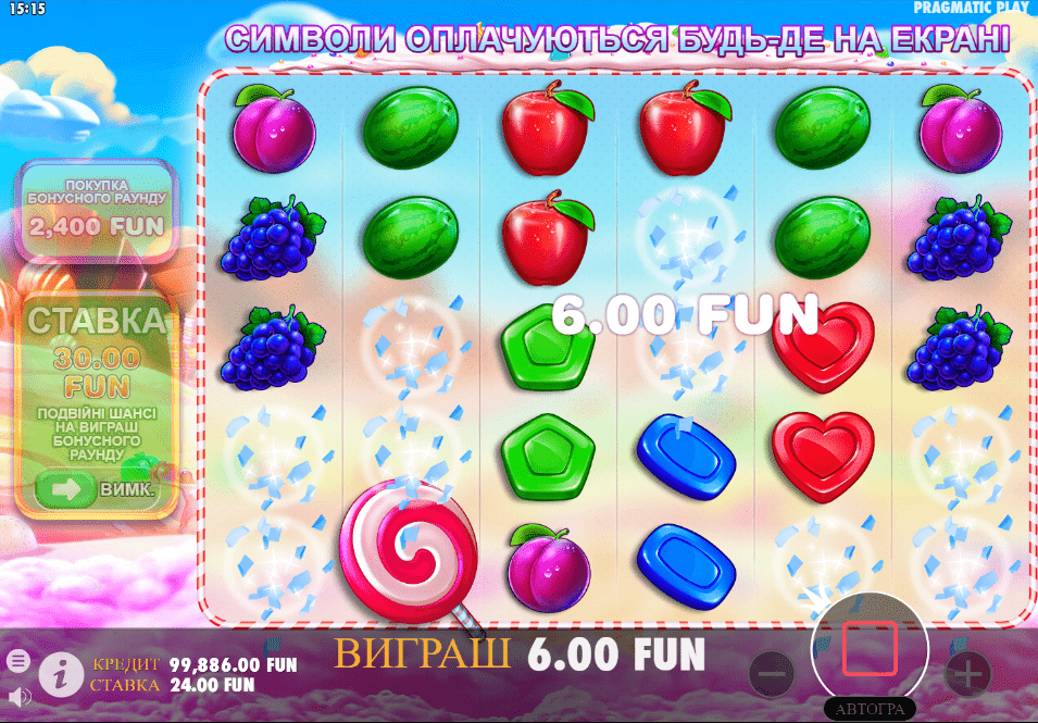 Виграш у деморежимі Sweet Bonanza з безкоштовними обертаннями та виграшною комбінацією символів цукерок і фруктів