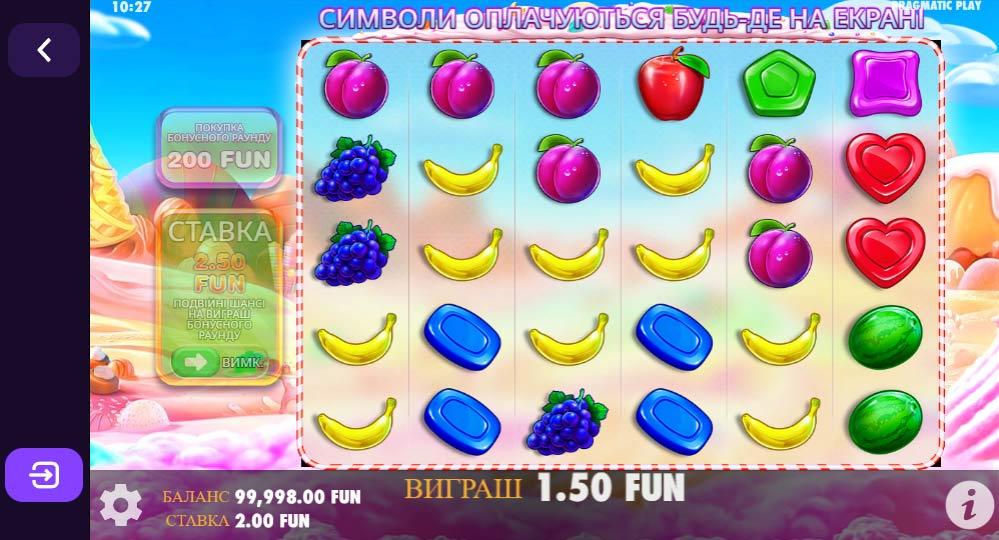 Виграшний спін в грі Sweet Bonanza з виграшною комбінацією символів цукерок та фруктів на яскравому ігровому полі