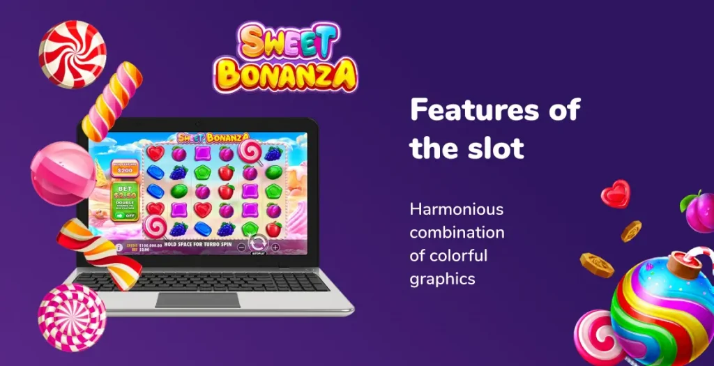 Colorful slot symbols on a laptop screen with Sweet Bonanza logo