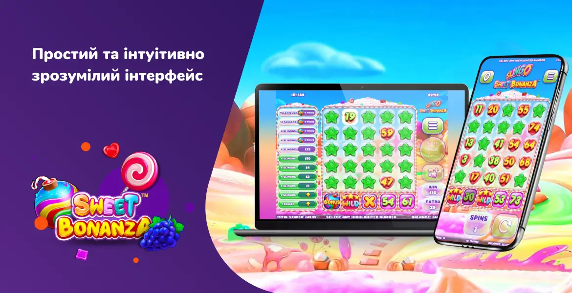 Sweet Bonanza на ноутбуці та смартфоні, що демонструє простий та інтуїтивно зрозумілий інтерфейс.