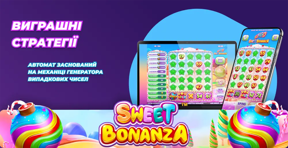 Гра Sweet Bonanza на ноутбуці та мобільному пристрої, що показує стратегію для виграшу.